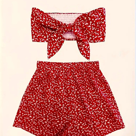 SHEIN VCAY Tie Front Ditsy Floral Tube Crop Top & Shorts Set - Picture 4 of 5